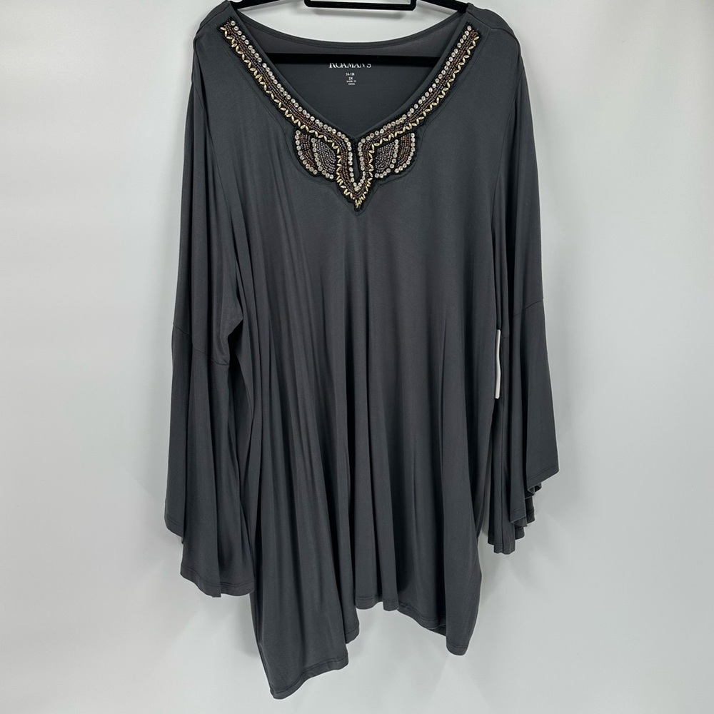 ROAMAN’S Tunic Top Plus Sz 2X 26/28 Gray Embellishments Bell Sleeves New Boho